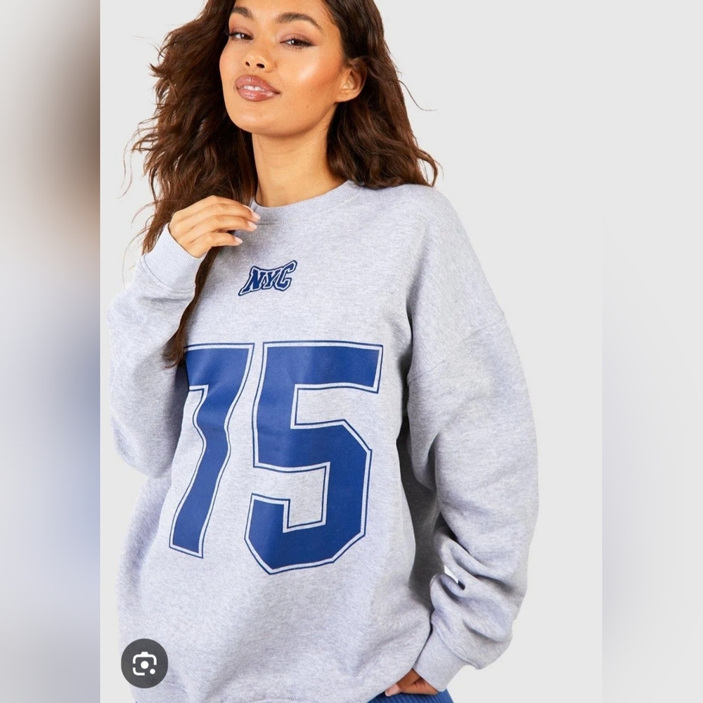 Boohoo Gray and Blue NYC 75 Sweatshirt
